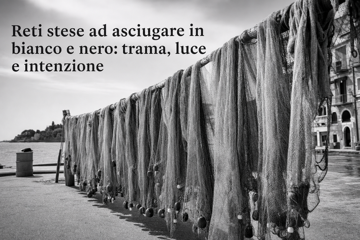Reti stese ad asciugare in bianco e nero: trama, luce e intenzione