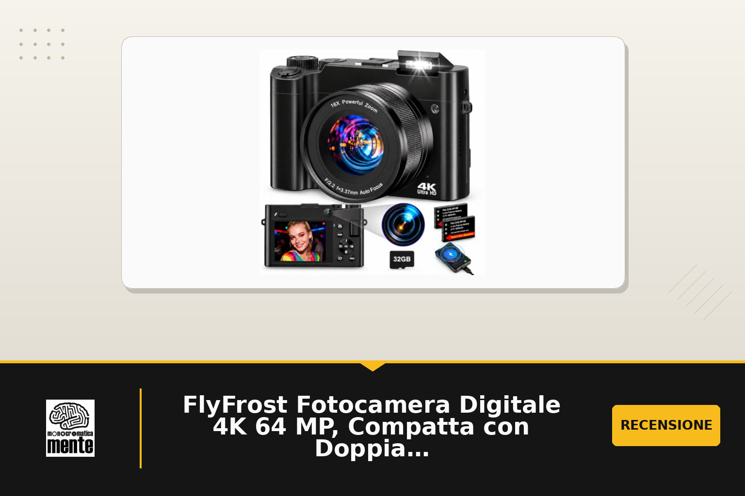 FlyFrost Fotocamera Digitale 4K 64 MP, Compatta con Doppia Camera e Zoom | doppia fotocamera, autofocus, zoom digitale 16x, scheda 32 GB, 2 batterie e caricabatterie, per principianti e ragazzi