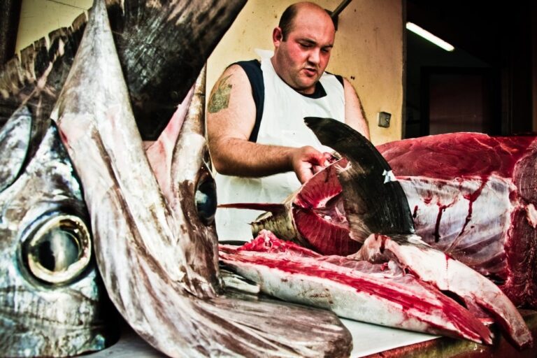 Pesce spada: manualità, luce radente e gesto di precisione sul banco di lavoro